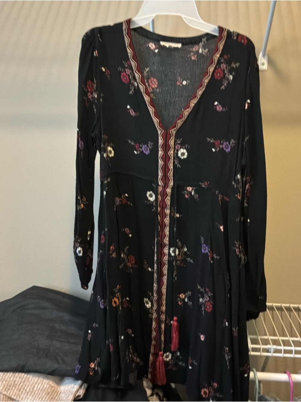 Black Floral V-Neck Long Sleeve Dress with Tassel Trim